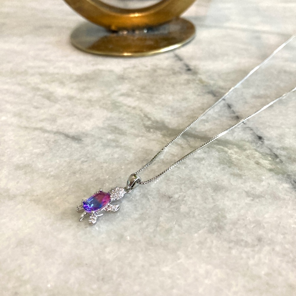 Sterling Silver Rainbow Zircon Stone Blue Purple Turtle Pendant Necklace - Picture 4 of 5